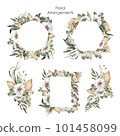 Set of watercolor floral arrangements. Wedding frames Save the date. White flowers, dried and green leaves. Summer Botanical png illustration for birthday card, invitation and logo composition. 101458099