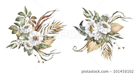 Set of watercolor floral arrangements. Wedding bouquets Save the date. White flowers, dried and green leaves. Summer Botanical png illustration for birthday card, invitation and logo composition. 101458102