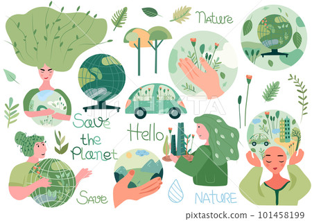 Conservation of the planet. Illustration depicting eco-friendly elements of the environment, with a man holding the Earth in his hands, green car, leaves. Global Warming and Climate Change Concept 101458199