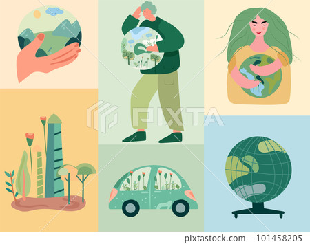Climate awareness, Earth protection, image with eco friendly components, man holding globe, eco car, leaves. The topic of global warming. Vector illustration. Climate awareness, Earth protection, image with eco friendly components, man holding globe, eco car, leaves. The topic of global warming. Vector illustration. 101458205