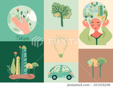 Climate awareness, Earth protection, image with eco friendly components, man holding globe, eco car, leaves. The topic of global warming. Vector illustration. Climate awareness, Earth protection, image with eco friendly components, man holding globe, eco car, leaves. The topic of global warming. Vector illustration. 101458206