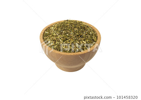 passion flower herb in latin - passiflora incarnata in wooden bowl isolated on white background. passion flower herb in latin - passiflora incarnata in wooden bowl isolated on white background. 101458320