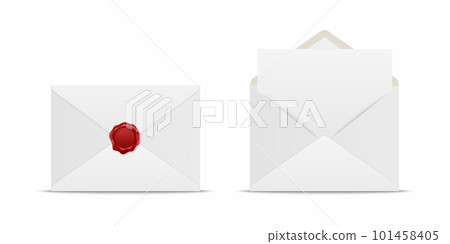 Vector Realistic White Closed Envelope with Red Wax Seal and Opened Envelope with Letter Inside. Folded and Unfolded White Envelope Icon Set Isolated. Message, Alert, Surprise, Secret Concept Vector Realistic White Closed Envelope with Red Wax Seal and Opened Envelope with Letter Inside. Folded and Unfolded White Envelope Icon Set Isolated. Message, Alert, Surprise, Secret Concept 101458405