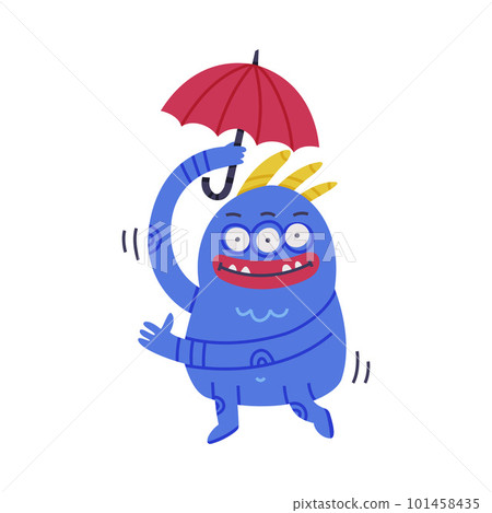 Funny Blue Monster with Horns Holding Umbrella Vector Illustration Funny Blue Monster with Horns Holding Umbrella Vector Illustration 101458435