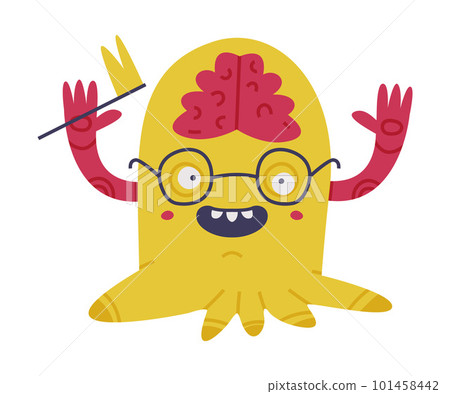 Funny Yellow Monster with Tentacles Wearing Glasses and Holding Flag Vector Illustration 101458442