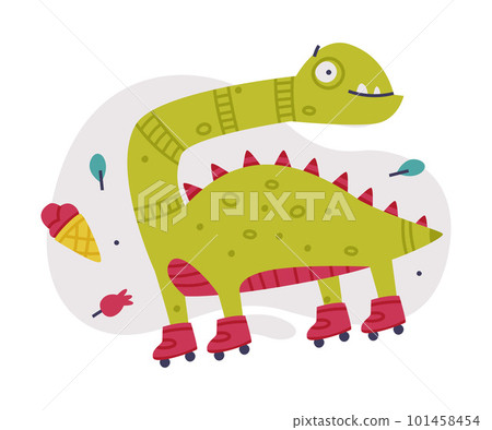 Funny Green Dinosaur Monster with Long Neck on Roller Skates Vector Illustration Funny Green Dinosaur Monster with Long Neck on Roller Skates Vector Illustration 101458454