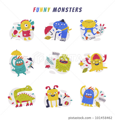 Funny Monster with Toothy Mouth and Horns Making Boo and Holding Umbrella Vector Set 101458462