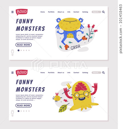 Funny Monster Landing Page with Amusing Beast Wearing Glasses and Riding Roller Skates Vector Template 101458463