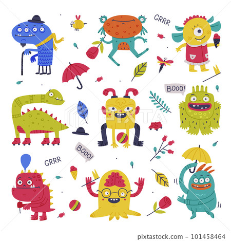 Funny Monster with Horns and Toothy Mouth Vector Set 101458464
