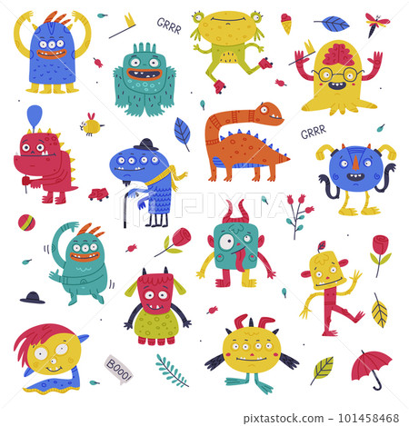 Funny Monster with Horns and Toothy Mouth Vector Set 101458468