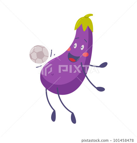 Funny Purple Eggplant Character Kicking Ball with Its Belly Vector Illustration Funny Purple Eggplant Character Kicking Ball with Its Belly Vector Illustration 101458478