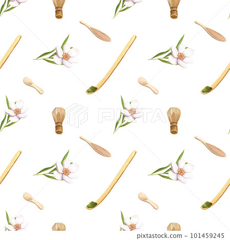 Watercolor seamless pattern matcha tea and coffee elements. Hand-drawn illustration isolated on white background. Perfect concept for cafe, restaurant, menu Japanese tea ceremony 101459245