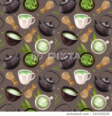 Watercolor seamless pattern matcha tea and coffee elements. Hand-drawn illustration isolated on brown background. Perfect concept for cafe, restaurant, menu Japanese tea ceremony 101459249