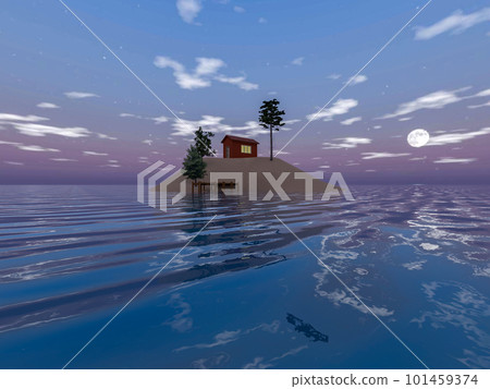漂浮在月光下的海洋中的一個孤島上的小房子的插圖 360° 全景 101459374