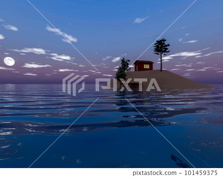漂浮在月光下的海洋中的孤島上的小房子插畫 漂浮在月光下的海洋中的孤島上的小房子插畫 101459375