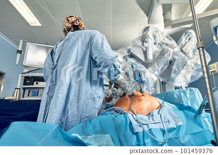 Surgery Da Vinci. Minimally invasive robotic surgery with the da Vinci surgical system. medical robot. Robotic Surgery. Robot-assisted medical operation. Medical operation involving robot. 101459376