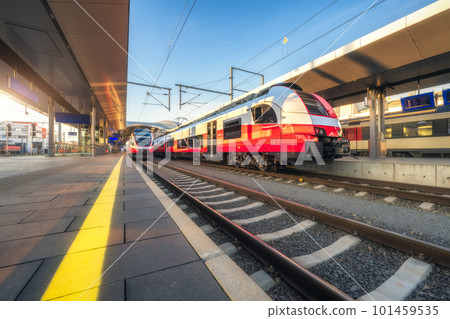 High speed train on the modern railway station at sunset 101459535