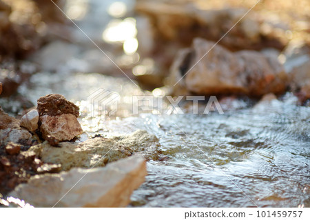 Purest transparent water in a mountain river flowing among the stones. Details of a sunny day in the mountains. Purest transparent water in a mountain river flowing among the stones. Details of a sunny day in the mountains. 101459757