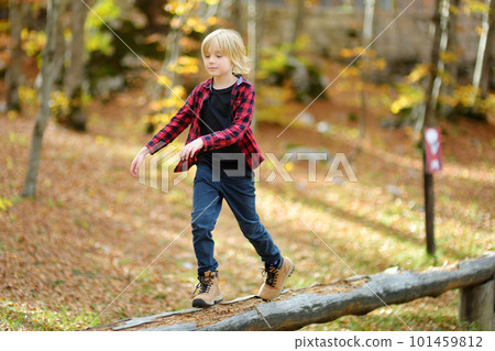 Cheerful child during walk in the forest on a sunny autumn day. Preteen boy is having fun while walking through the autumn forest. Cheerful child during walk in the forest on a sunny autumn day. Preteen boy is having fun while walking through the autumn forest. 101459812