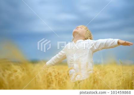 Pray for Ukraine. Child is on the background of bly sky and yellow wheat field. Background have colors of the Ukrainian flag. Concepts of peace and independence. 101459868