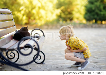 Cute preschooler child is admiring of black kitten lying on a bench in public park. Boy petting and take care a black tomcat. Kid and homeless cat. Cute preschooler child is admiring of black kitten lying on a bench in public park. Boy petting and take care a black tomcat. Kid and homeless cat. 101459879