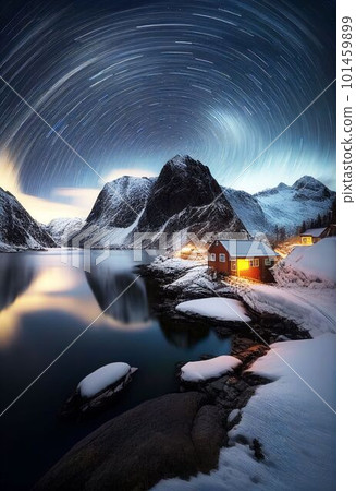 Beautiful village with aurora and star trail over night sky Created with Generative AI technology. Beautiful village with aurora and star trail over night sky Created with Generative AI technology. 101459899
