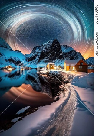 Beautiful village with aurora and star trail over night sky Created with Generative AI technology. Beautiful village with aurora and star trail over night sky Created with Generative AI technology. 101459900