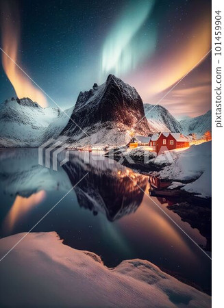 Beautiful village with aurora and star trail over night sky Created with Generative AI technology. Beautiful village with aurora and star trail over night sky Created with Generative AI technology. 101459904
