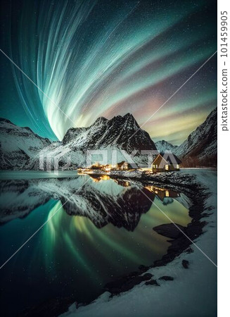 Beautiful village with aurora and star trail over night sky Created with Generative AI technology. Beautiful village with aurora and star trail over night sky Created with Generative AI technology. 101459905