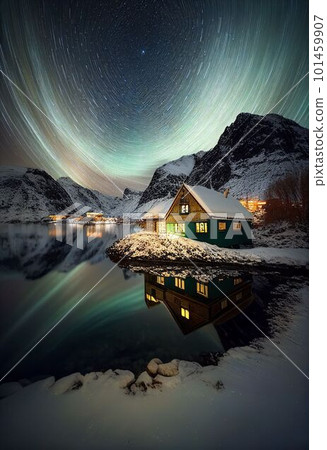 Beautiful village with aurora and star trail over night sky Created with Generative AI technology. 101459907