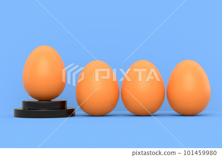 Farm brown egg on podium and crowd of eggs standing in line on blue background 101459980