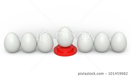Farm white egg on podium and crowd of eggs standing in line on white background 101459982