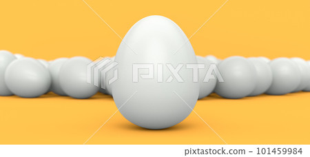 Group of farm raw organic white chicken eggs in a crowd on yellow background 101459984