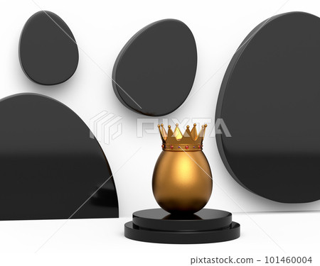 Unique chicken golden egg in royal king crown on podium and white background Unique chicken golden egg in royal king crown on podium and white background 101460004