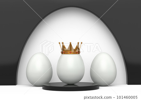 White chicken eggs in row and unique gold egg in royal king crown on podium White chicken eggs in row and unique gold egg in royal king crown on podium 101460005