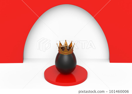 Unique chicken black egg in royal king crown on podium and white background Unique chicken black egg in royal king crown on podium and white background 101460006