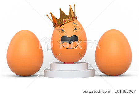Group of farm brown chicken eggs and unique egg with funny face and gold crown Group of farm brown chicken eggs and unique egg with funny face and gold crown 101460007