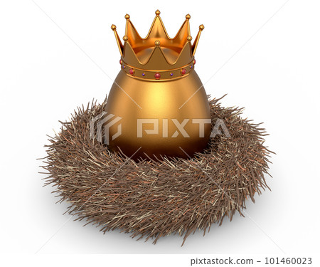 Farm gold egg with gold royal king crown in bird nest on white background 101460023