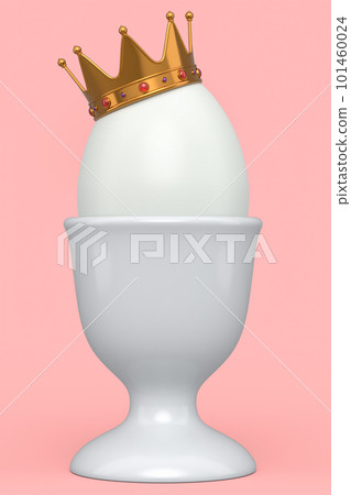 Farm white egg with gold royal king crown in ceramic egg cup for breakfast 101460024