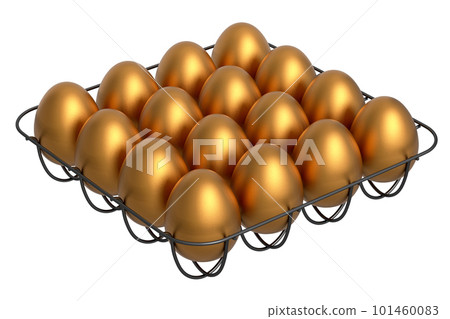Luxury gold eggs standing in metal tray for morning breakfast 101460083