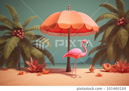 Illustration of seascape with of exotic palms, flamingo, sun umbrella. Summer card. Generative AI Illustration of seascape with of exotic palms, flamingo, sun umbrella. Summer card. Generative AI 101460189