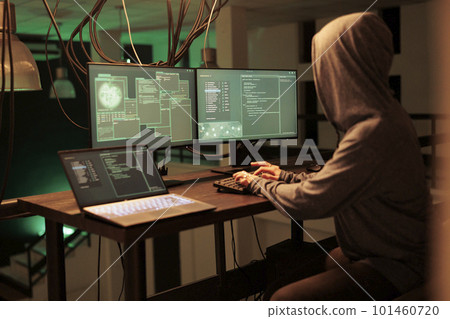 Cyber criminal cracking database password, hacking computer system, data breach. Cybercrime, woman hacker stealing electronic information, breaking into online server, coding malware 101460720