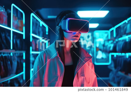 Girl in VR headset walks in store, woman customer using virtual reality, generative AI. Girl in VR headset walks in store, woman customer using virtual reality, generative AI. 101461849
