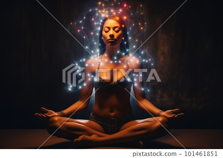 Young woman practices yoga and meditation with space energy, fantasy view, generative AI. Young woman practices yoga and meditation with space energy, fantasy view, generative AI. 101461851