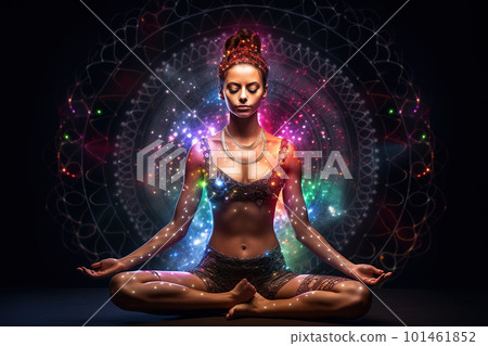 Young woman practices yoga and meditation with space energy, fantasy view, generative AI Young woman practices yoga and meditation with space energy, fantasy view, generative AI 101461852