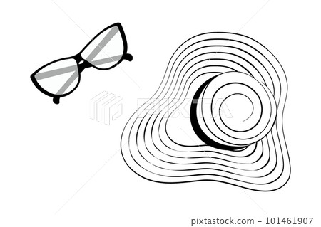 Set of outline drawing of a summer hat with wide brim and stripes around and glasses. Hello summer Set of outline drawing of a summer hat with wide brim and stripes around and glasses. Hello summer 101461907