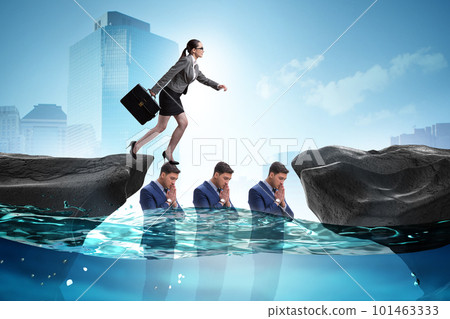 Inequal competition concept with businesswoman walking on heads Inequal competition concept with businesswoman walking on heads 101463333