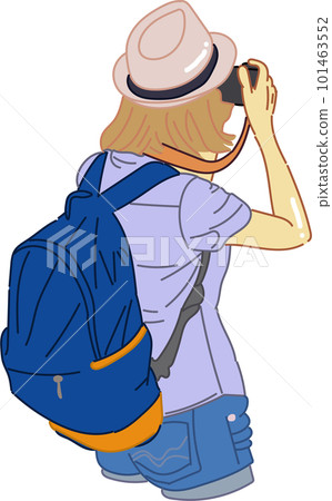 woman tourist with backpack and camera take a photo woman tourist with backpack and camera take a photo 101463552