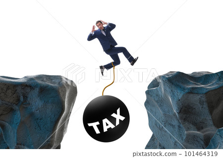 Concept of tax burden with businessman over chasm 101464319