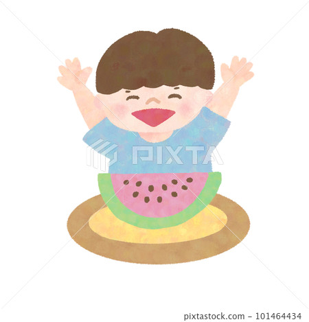 Hand drawn watercolor style illustration of a boy happy with watermelon 101464434